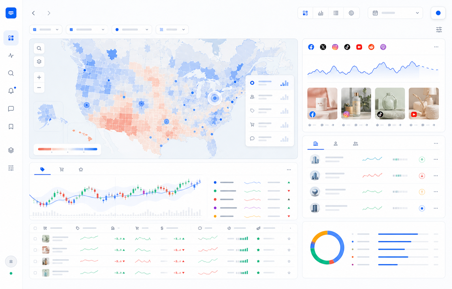 A web intelligence workspace with geographic, social, and market data views